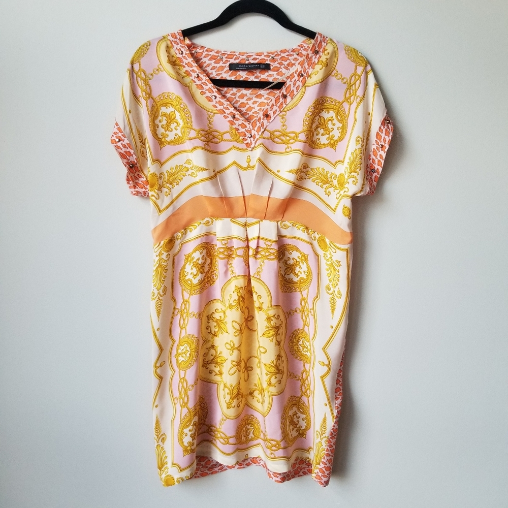 Zara Woman Printed Mulberry Silk V-neck Dress